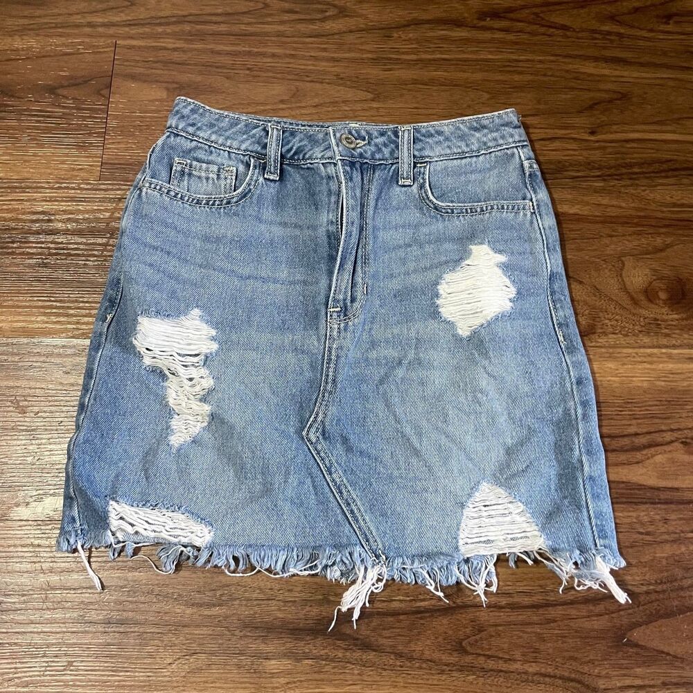 Hollister Ultra High Rise Denim Mini Jeans Skirt Distressed Cotton Women Size 25
